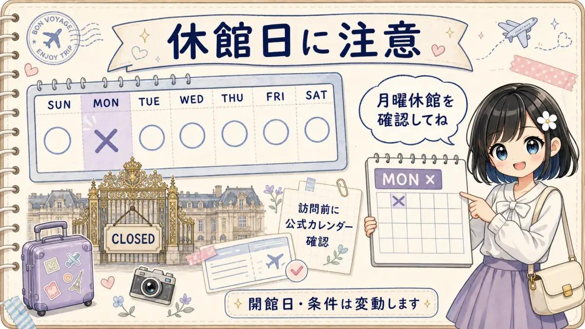 ヴェルサイユ宮殿の休館日を公式カレンダーで確認するよう案内するTofuMaruちゃんのイラスト