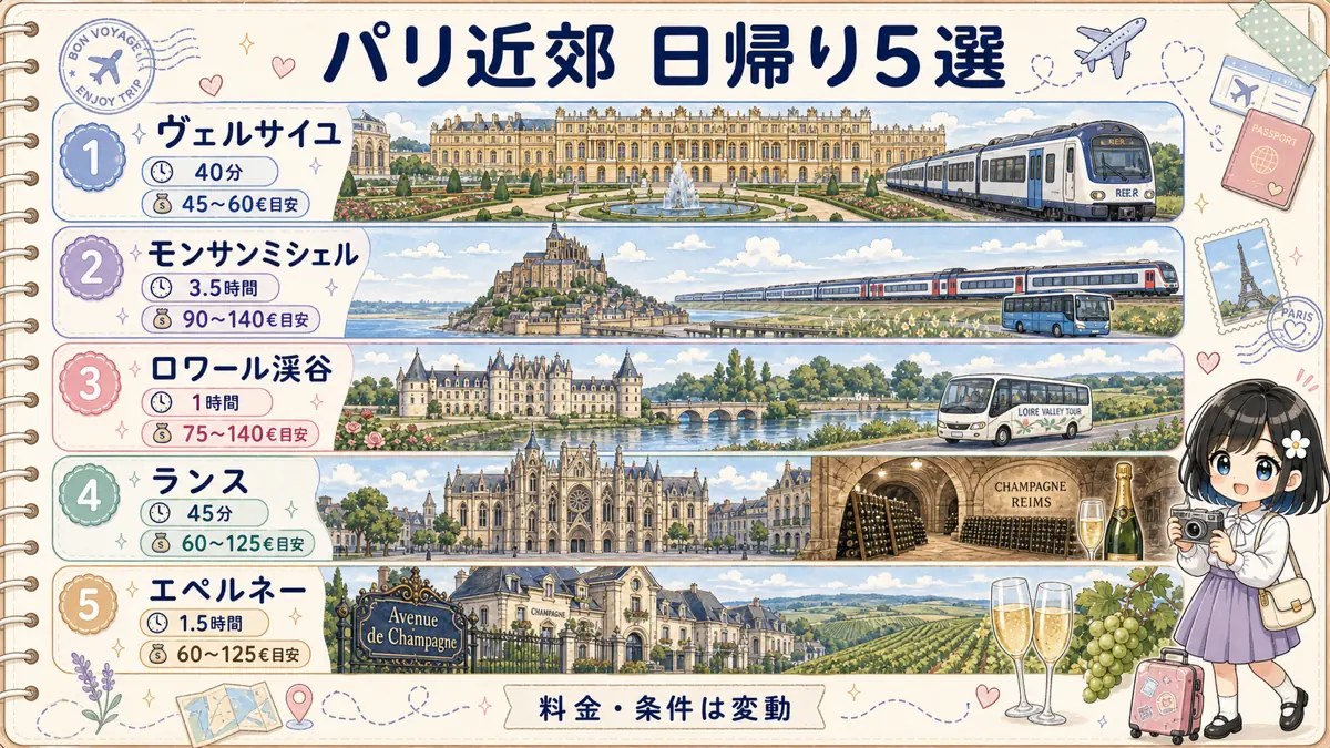 パリ近郊の日帰り旅行先5選を移動時間と費用目安で比較した旅行ノート風インフォグラフィック