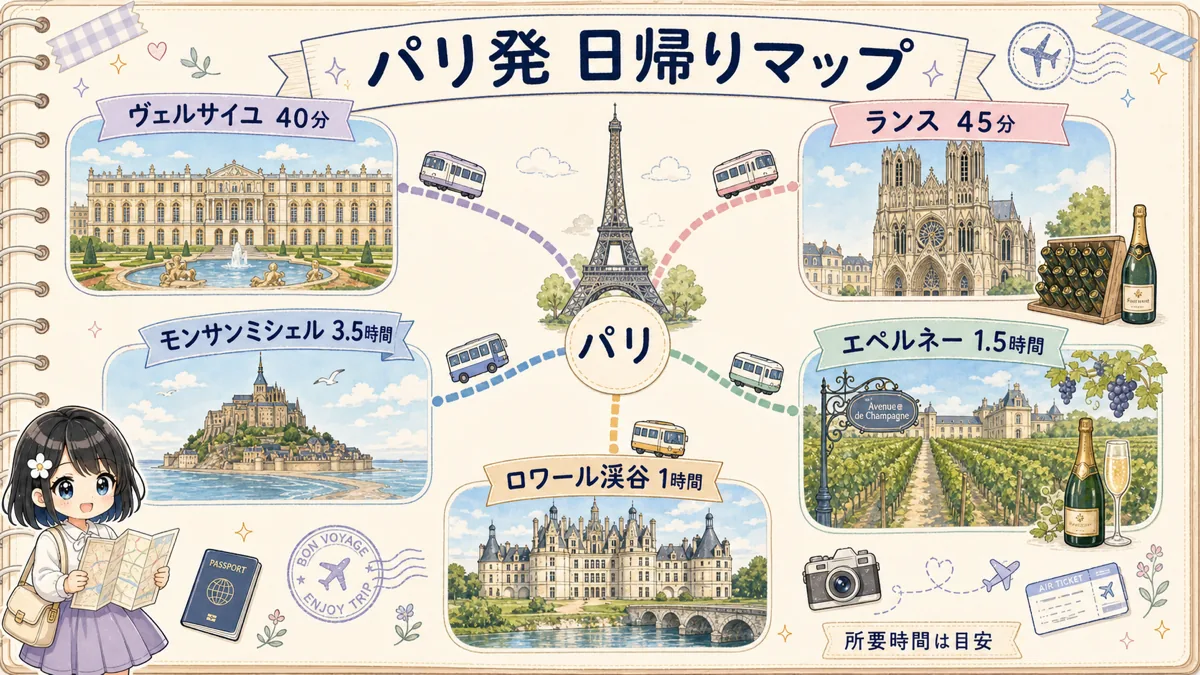 パリを起点にヴェルサイユ、モンサンミシェル、ロワール渓谷、ランス、エペルネーへの所要時間を示す日帰り旅行マップ