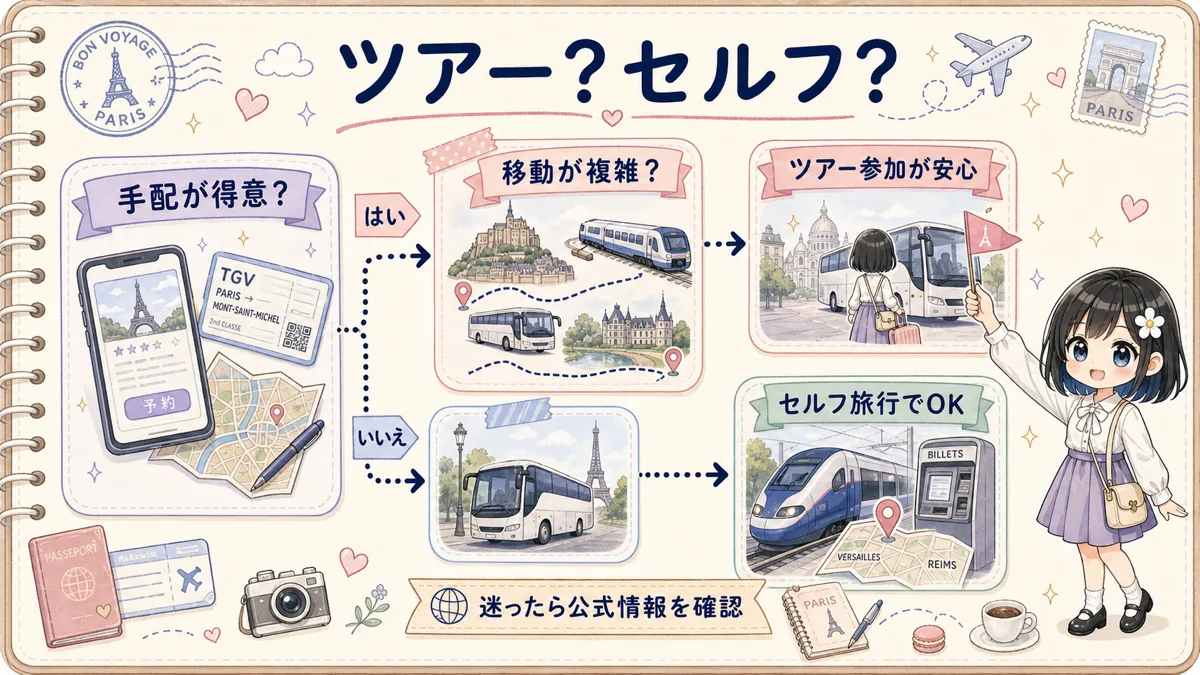 パリ近郊日帰り旅行でツアー参加かセルフ旅行かを手配の得意さと移動の複雑さで判断するフローチャート