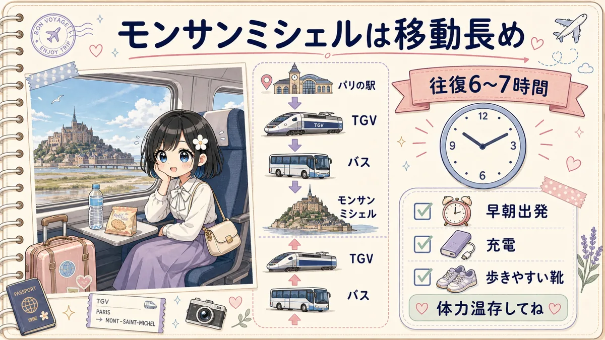 モンサンミシェル日帰り旅行は往復6〜7時間の移動になるため早朝出発や充電、歩きやすい靴が必要なことを示す注意図