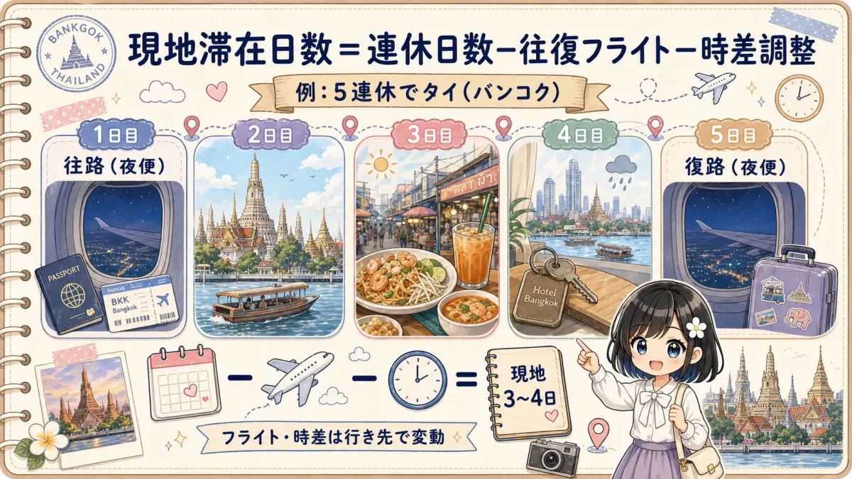 5連休海外旅行で現地滞在日数を計算する考え方の図解