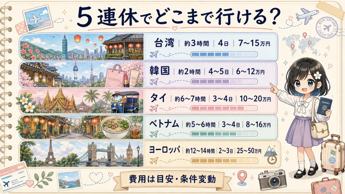 シルバーウィーク5連休で行ける海外旅行先5選の比較図