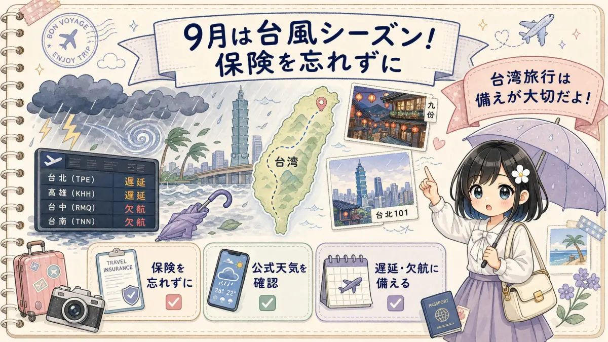 9月の台湾旅行で台風や遅延欠航に備える注意喚起イラスト