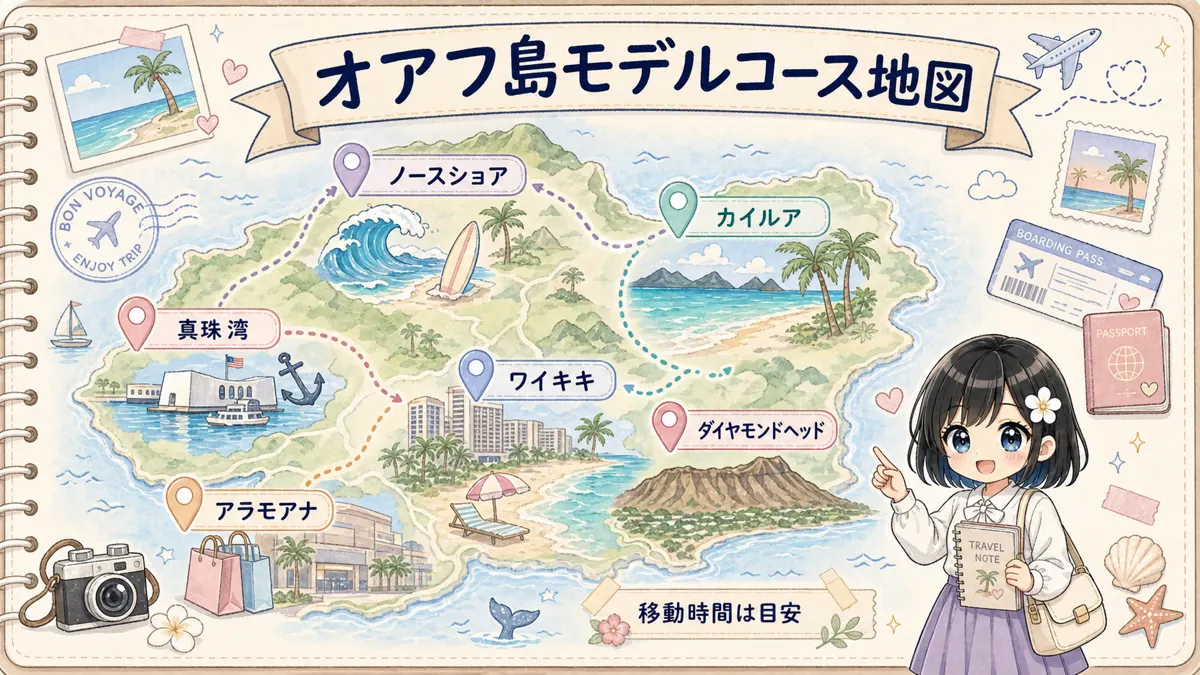 オアフ島の主要観光エリアを示した旅行ノート風マップ