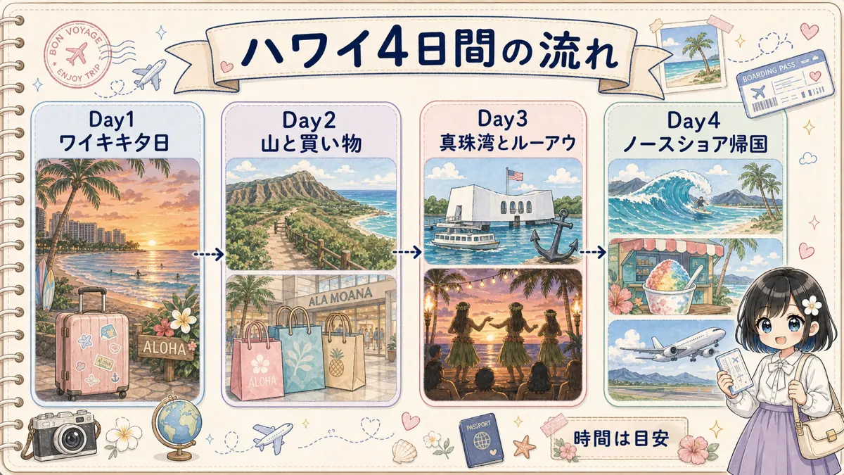 ハワイ4日間モデルコースの流れを示したタイムライン図