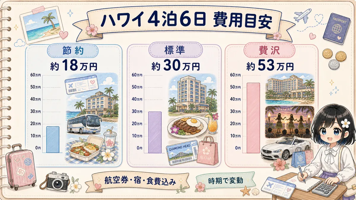 ハワイ4泊6日の節約・標準・贅沢プラン費用目安を比較した棒グラフ