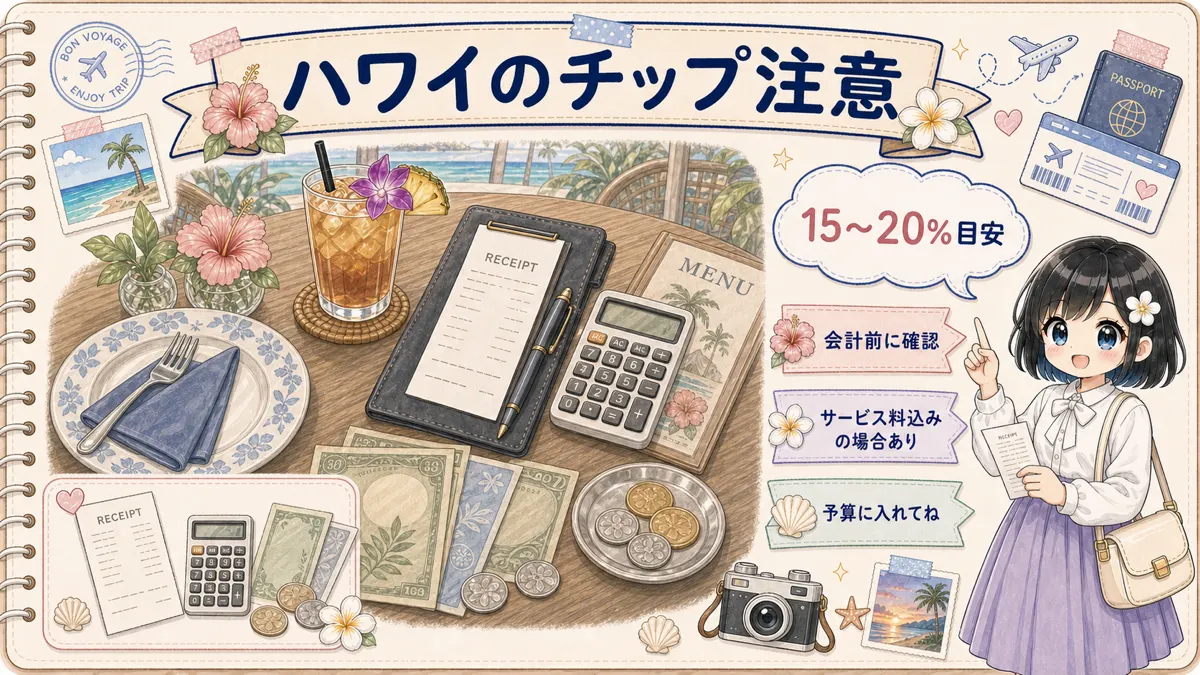 ハワイのレストランでチップを予算に入れる注意点を示したイラスト