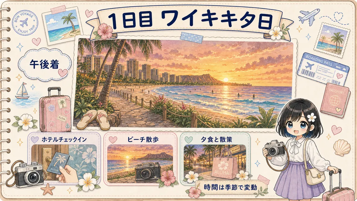 ハワイ到着初日のワイキキ夕日散策を描いた旅行ノート風イラスト