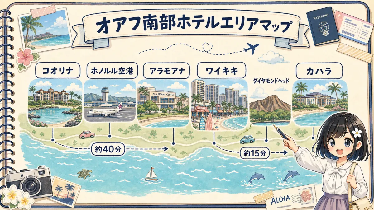 オアフ島南部のホテルエリアとホノルル空港の位置関係を示す旅行ノート風マップ