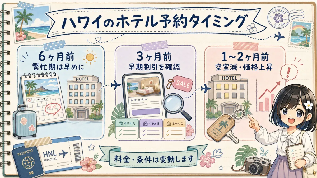 ハワイのホテル予約タイミングを6ヶ月前から1〜2ヶ月前まで示すカウントダウン図