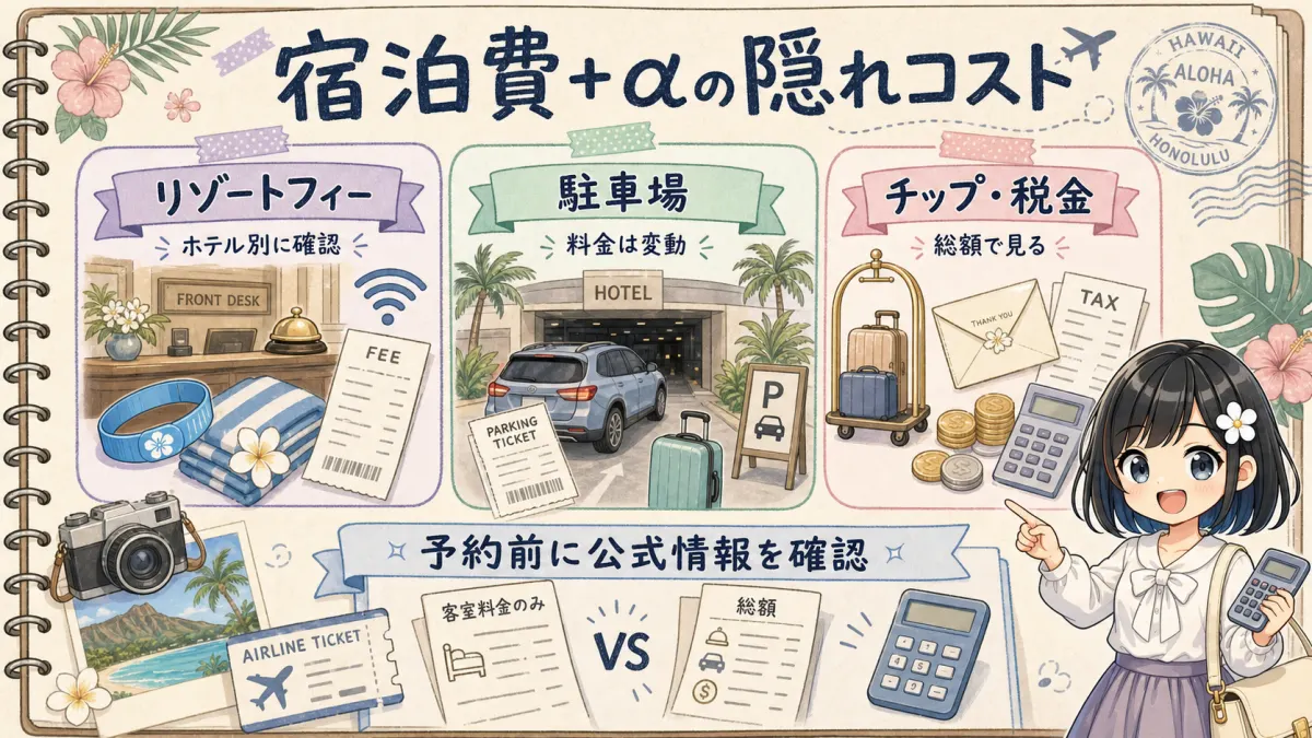 ハワイのホテルで見落としやすいリゾートフィーや駐車場などの隠れコスト図解