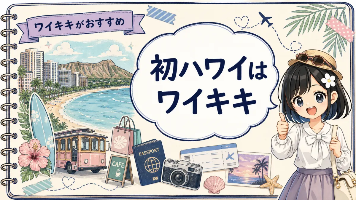 初めてのハワイ旅行にワイキキをおすすめするTofuMaruちゃんの旅行ノート風イラスト