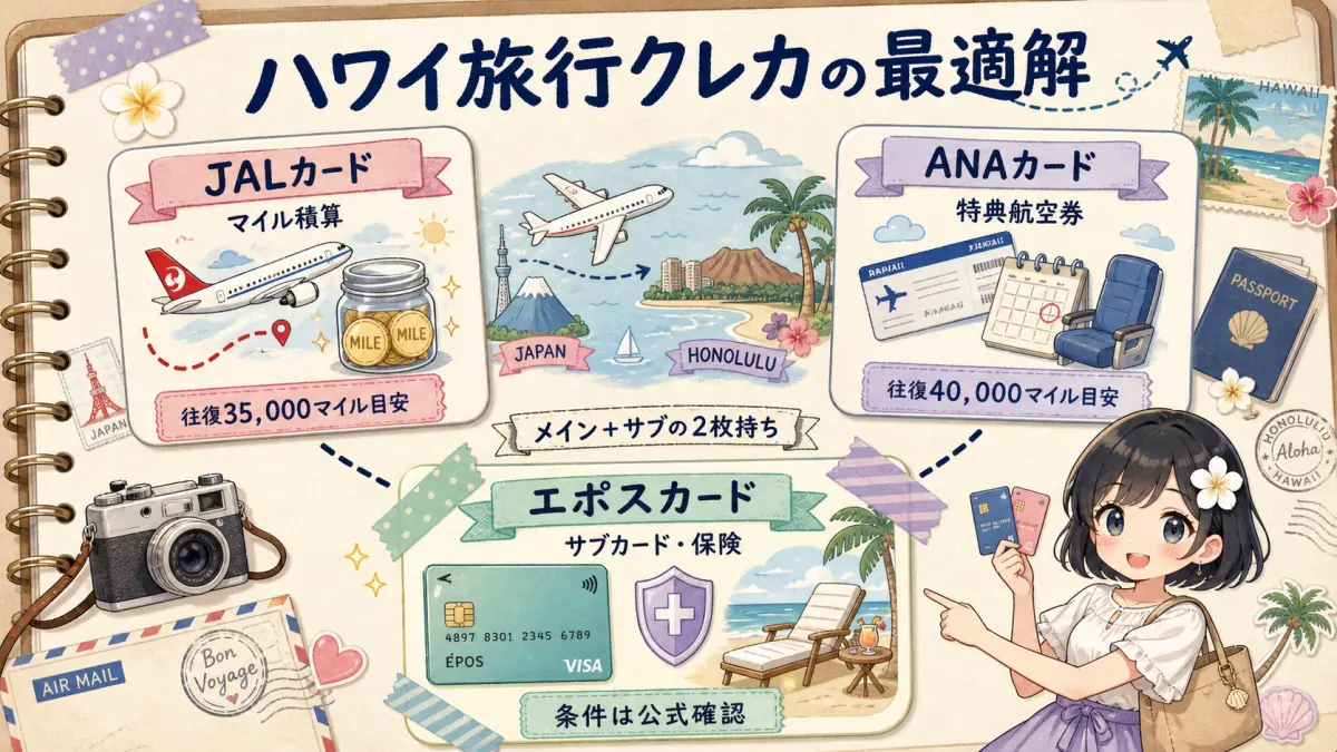 ハワイ旅行でJALカード・ANAカード・エポスカードを使い分ける役割分担図
