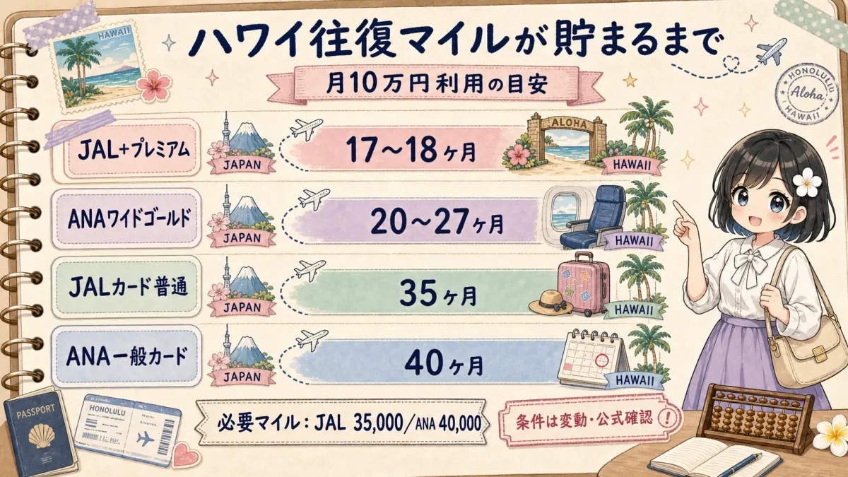 月10万円利用でハワイ往復マイルが貯まるまでの期間比較グラフ