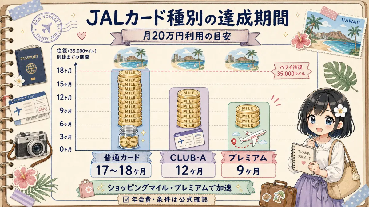月20万円利用時のJALカード種別ごとのハワイ往復マイル達成期間グラフ