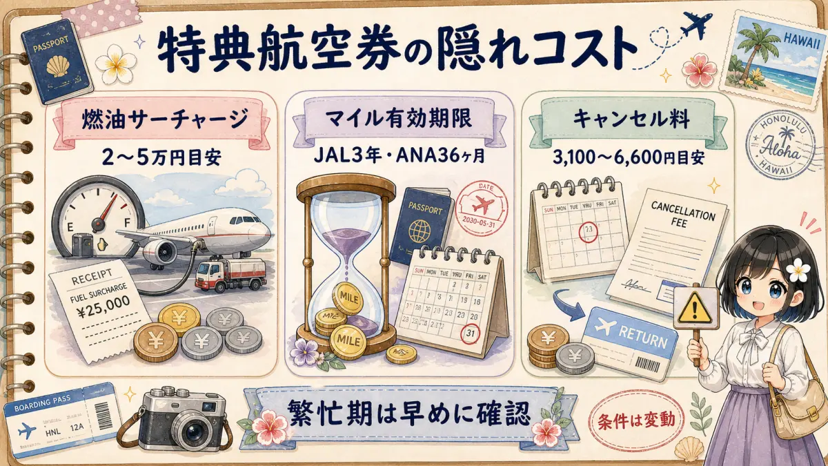 特典航空券の燃油サーチャージやマイル有効期限やキャンセル料の注意点図解