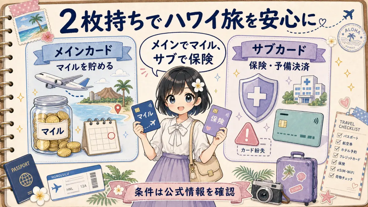 TofuMaruちゃんがメインカードとサブカードの2枚持ちをすすめるイラスト