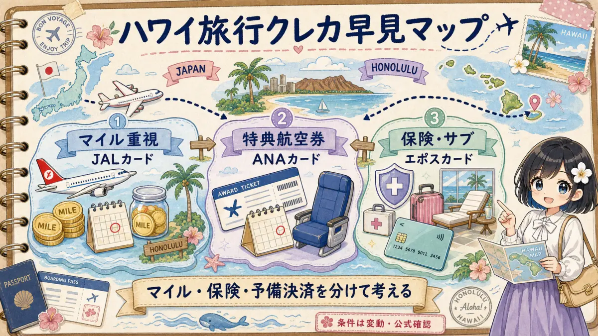 ハワイ旅行向けクレジットカードのJALカード・ANAカード・エポスカードの役割早見マップ