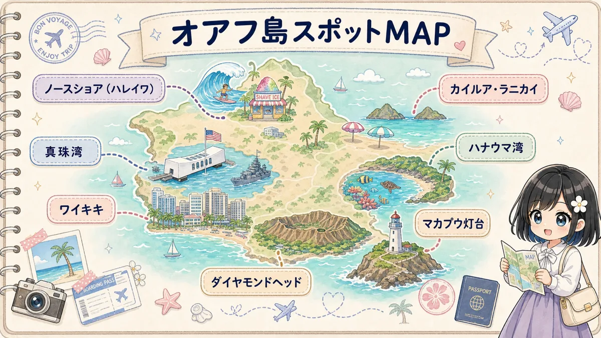 オアフ島の主要観光スポット位置関係を示す旅行ノート風マップ