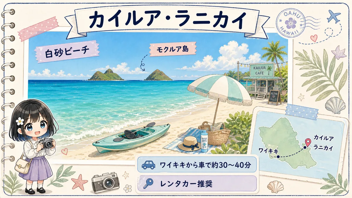 カイルアビーチとラニカイビーチの白砂とモクルア島を描いた旅行ノート風イラスト