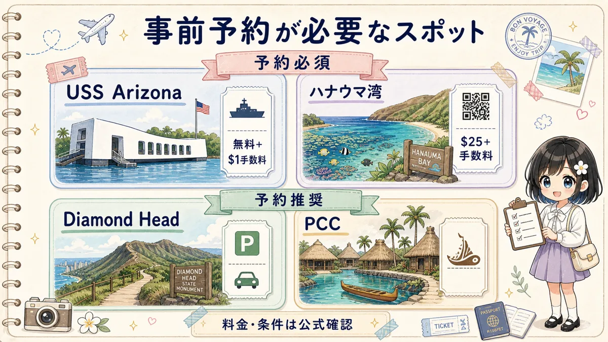 オアフ島観光で事前予約が必要または推奨されるスポットのマトリクス