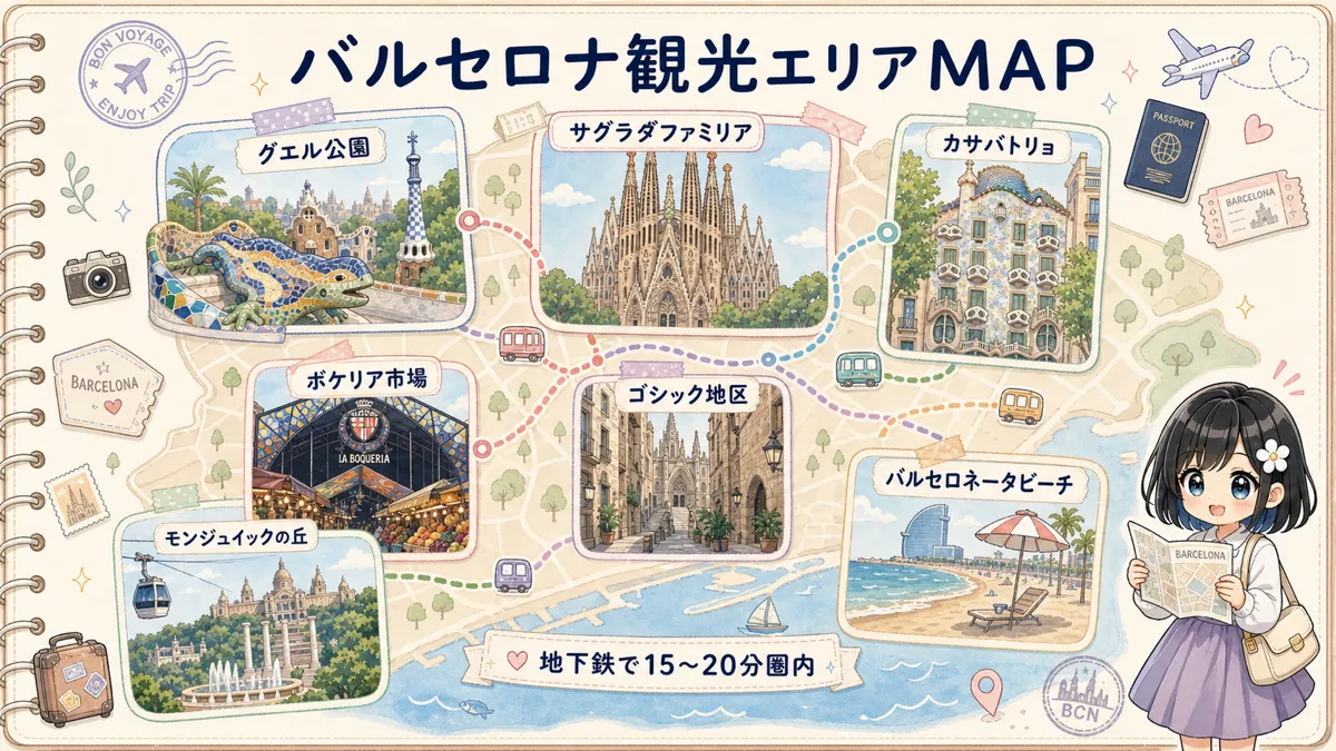 バルセロナ観光エリアを示す旅行ノート風のデフォルメマップ