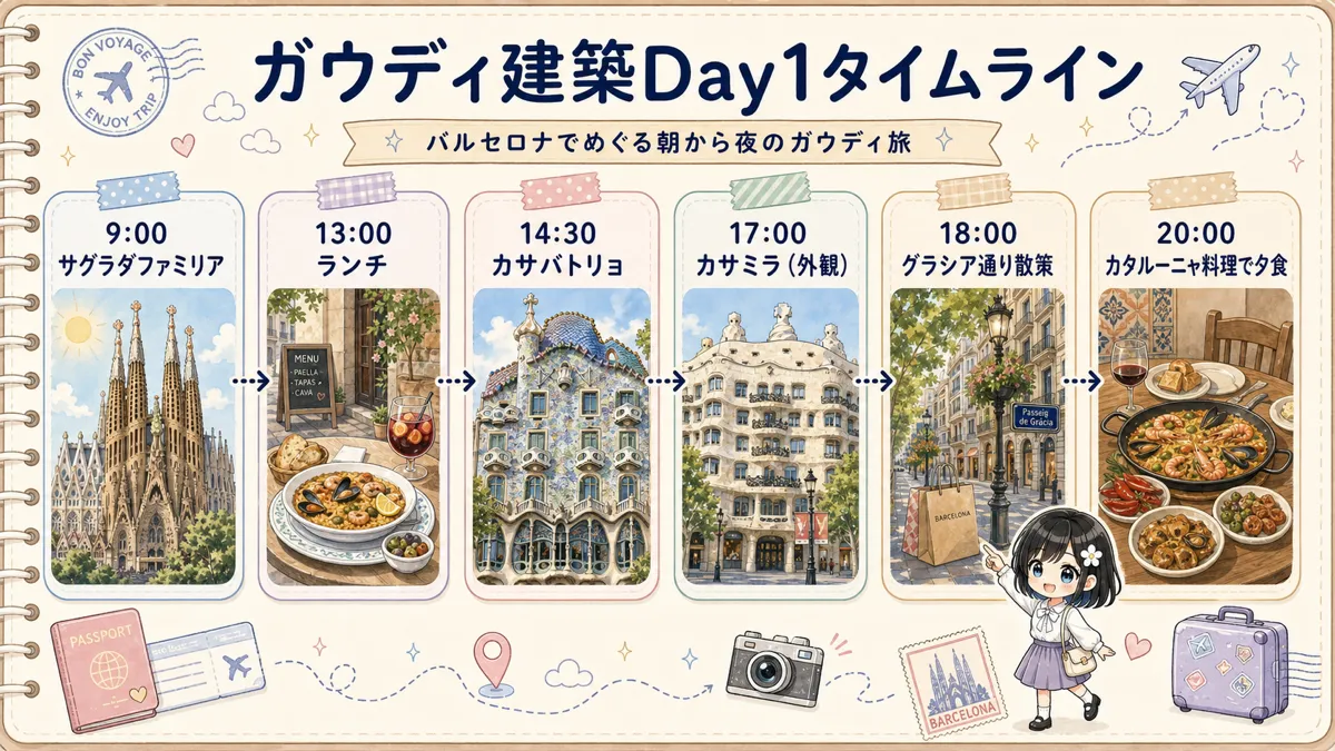 バルセロナ旅行1日目のガウディ建築めぐりタイムライン
