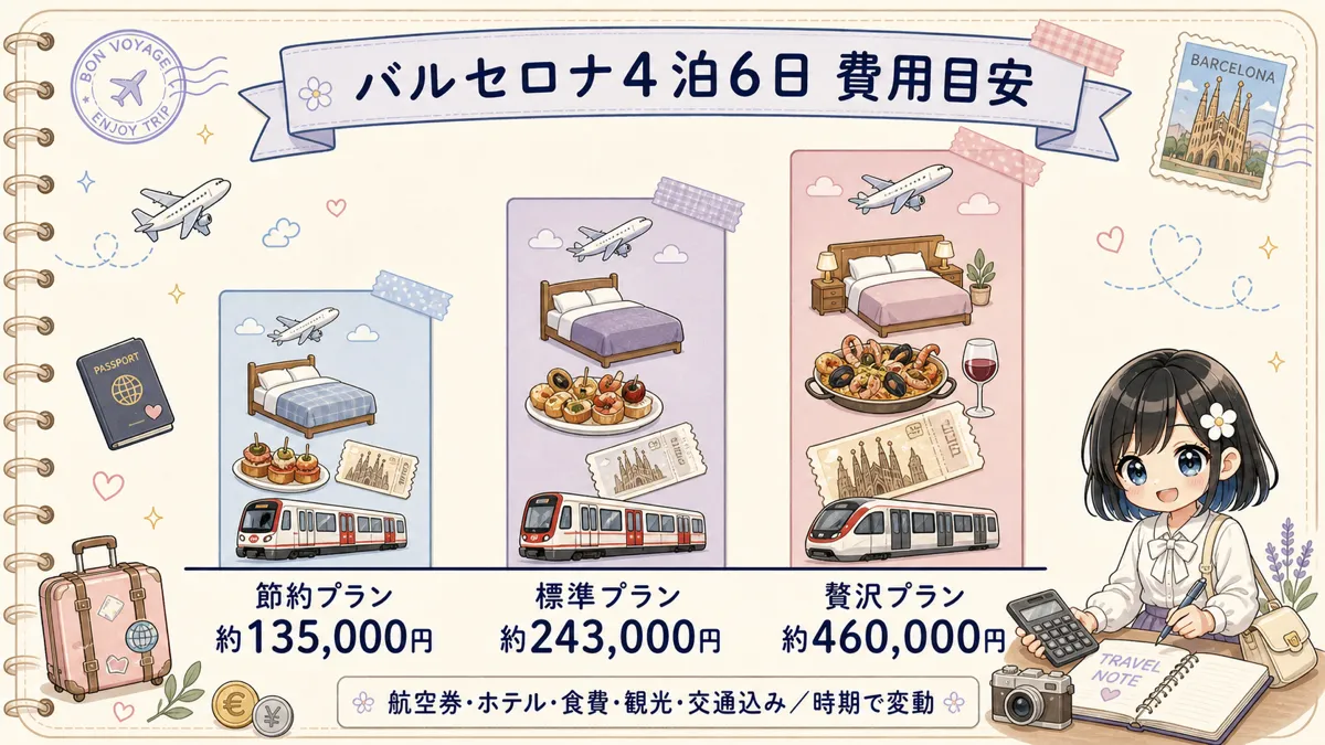 バルセロナ4泊6日の節約・標準・贅沢プラン費用比較グラフ