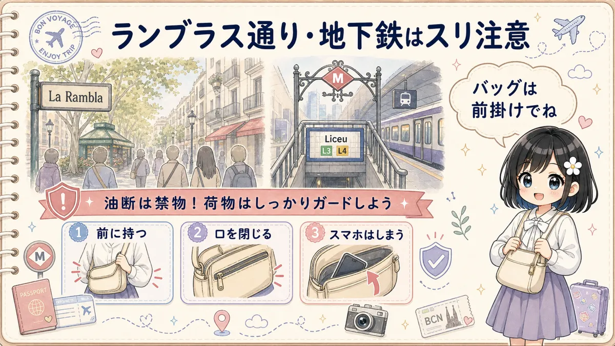 ランブラス通りと地下鉄でのスリ対策を案内するTofuMaruちゃんの図解