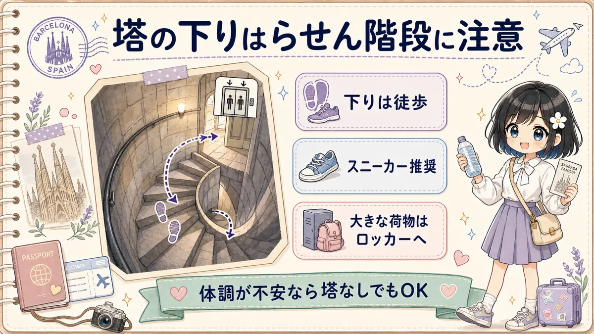 サグラダファミリアの塔の下り階段とスニーカー推奨を説明するTofuMaruちゃんの注意図