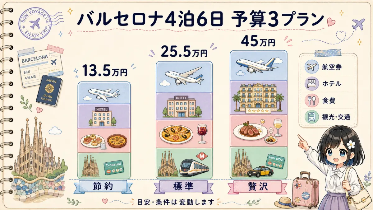 バルセロナ4泊6日の予算3プランを航空券・ホテル・食費・観光交通で比較した積み上げグラフ