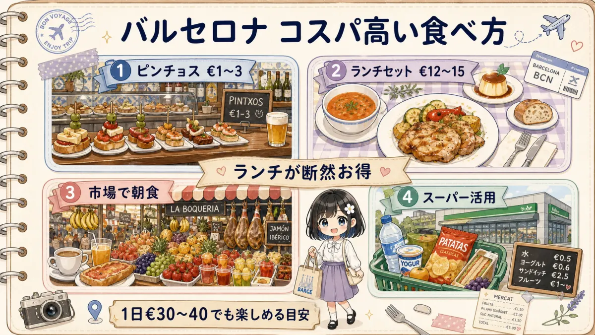 バルセロナでピンチョス・ランチセット・市場・スーパーを活用して食費を抑える方法の図解