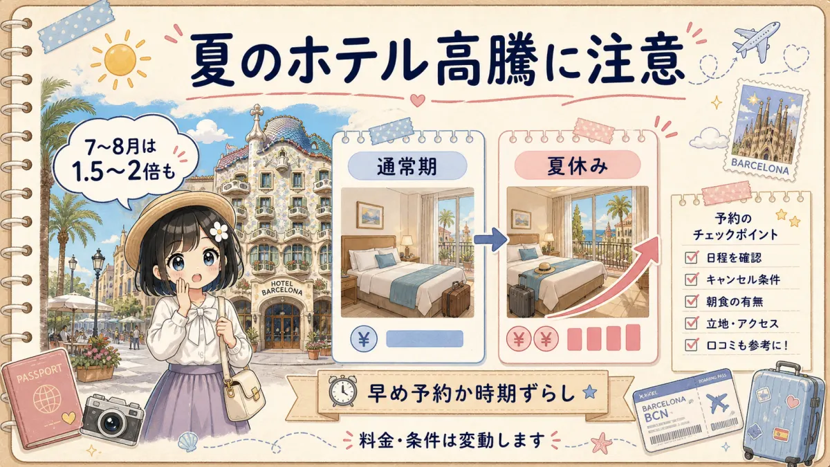 夏のバルセロナ旅行でホテル料金が高騰しやすいことをTofuMaruちゃんが注意する図解