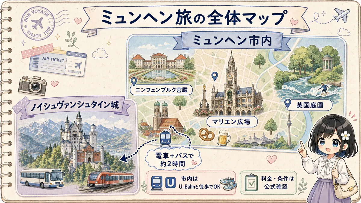ミュンヘン市内とノイシュヴァンシュタイン城の位置関係を示す旅行ノート風マップ