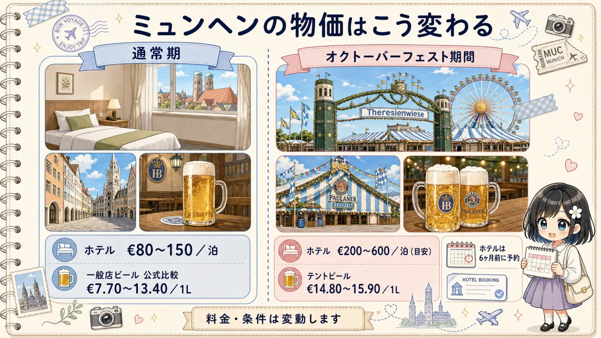 ミュンヘン通常期とオクトーバーフェスト期間のホテル代とビール価格の比較図