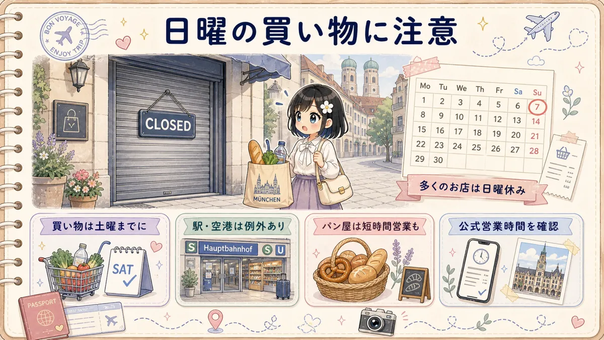 ミュンヘンの日曜日の買い物注意点を案内するTofuMaruちゃんのイラスト