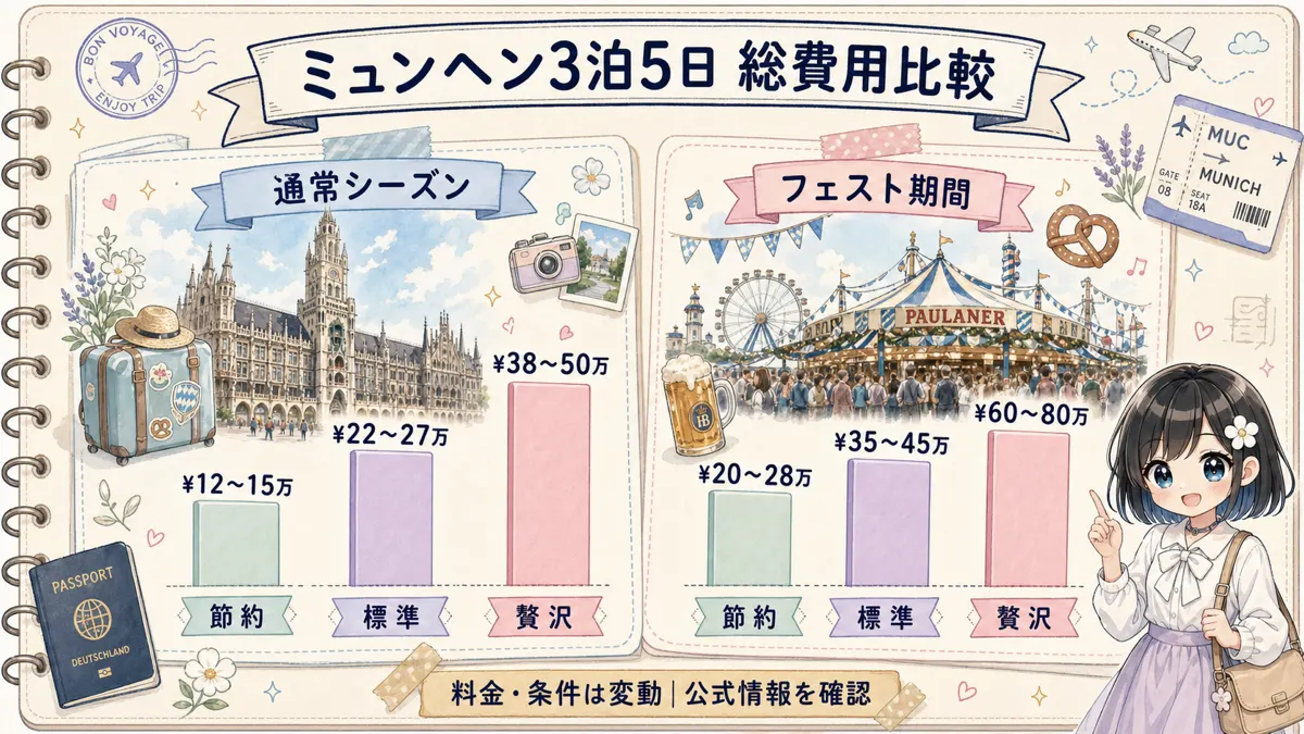 ミュンヘン3泊5日の通常シーズンとオクトーバーフェスト期間の総費用比較グラフ