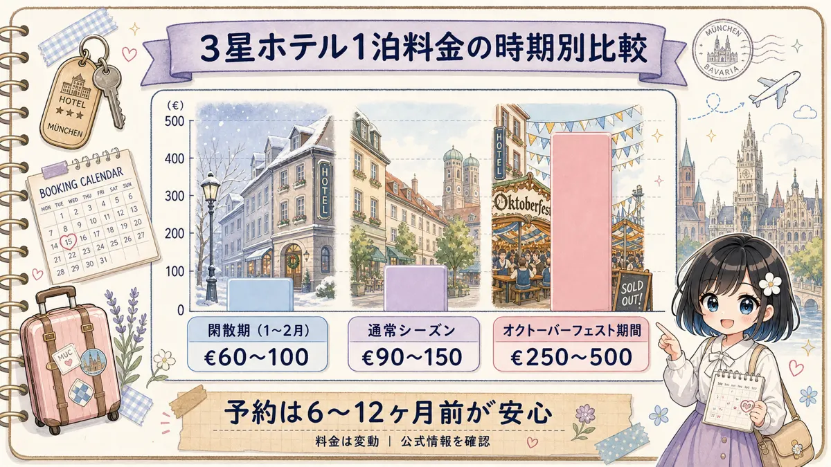 ミュンヘン3星ホテル1泊料金の閑散期・通常期・オクトーバーフェスト期間比較グラフ