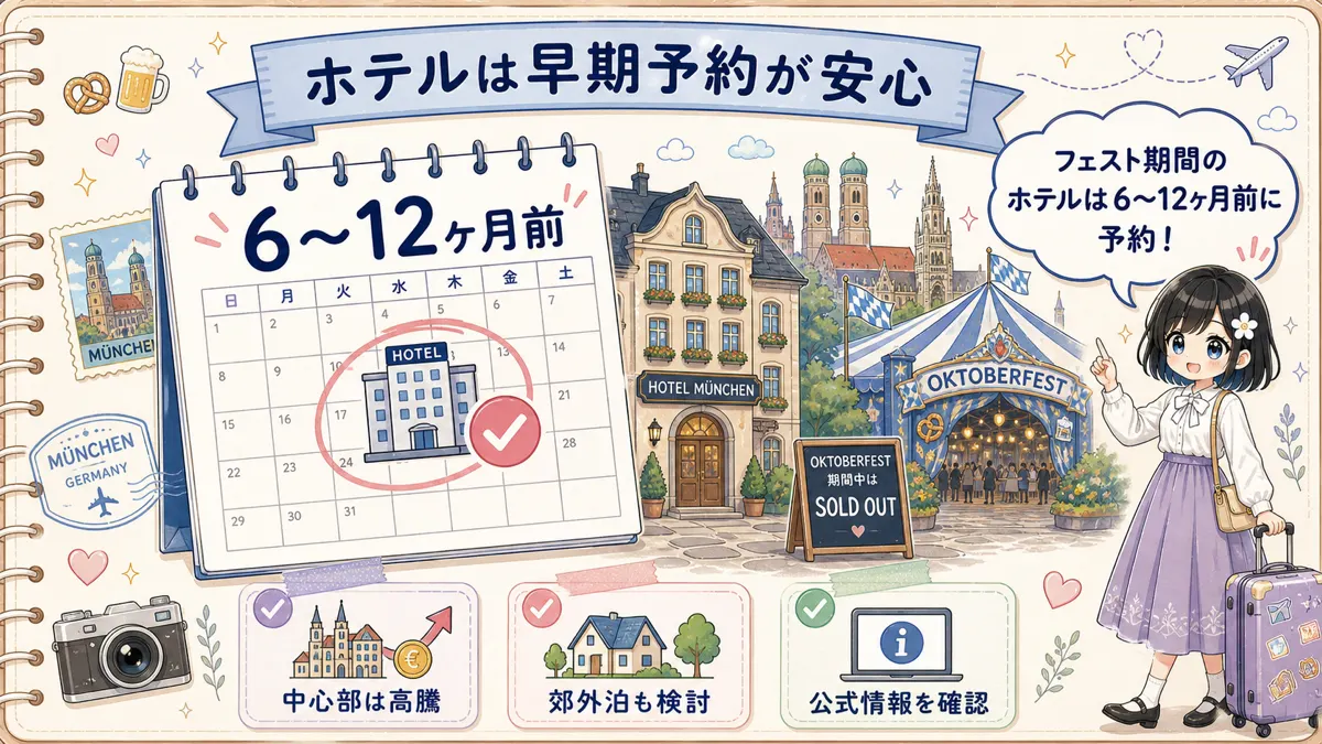 TofuMaruちゃんがオクトーバーフェスト期間のホテル早期予約を促す旅行ノート風イラスト