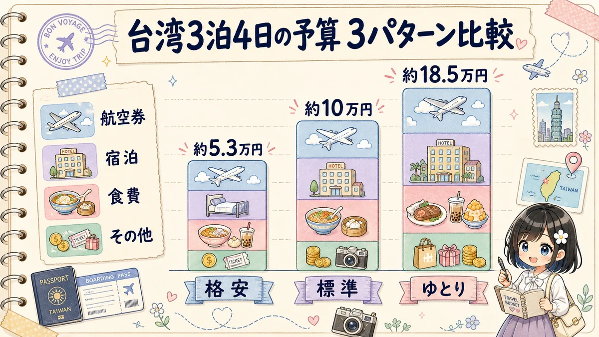 台湾3泊4日の格安・標準・ゆとり予算を積み上げ棒グラフで比較した図