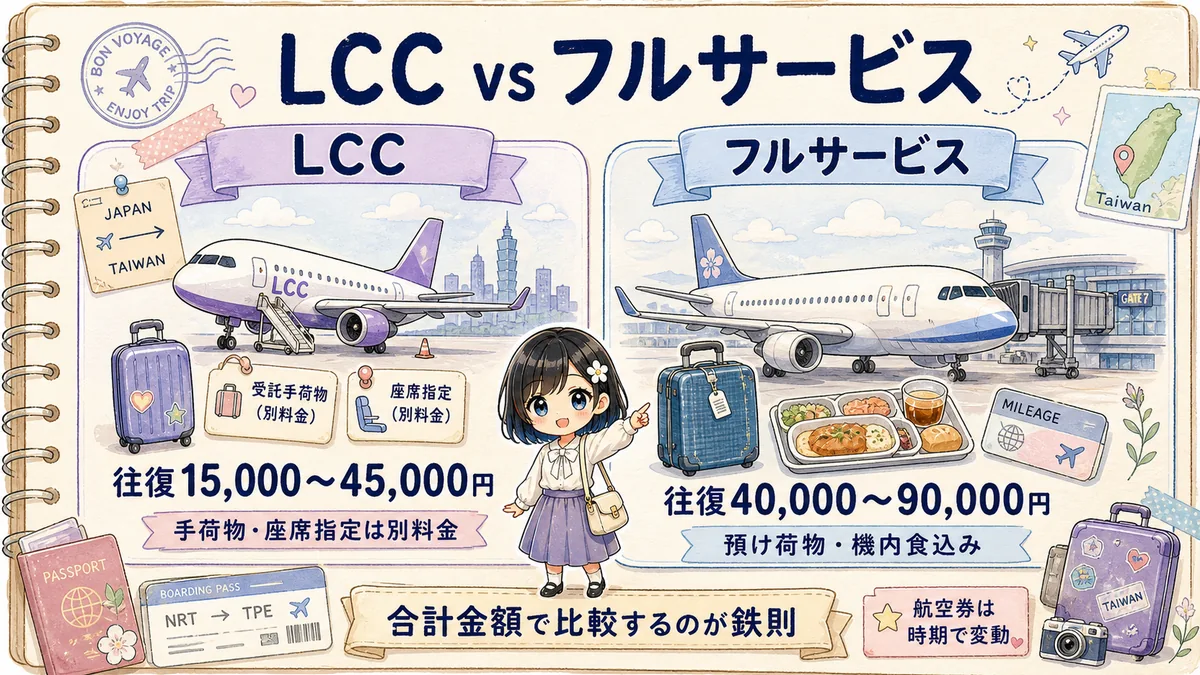 台湾旅行の航空券をLCCとフルサービスで比較した図