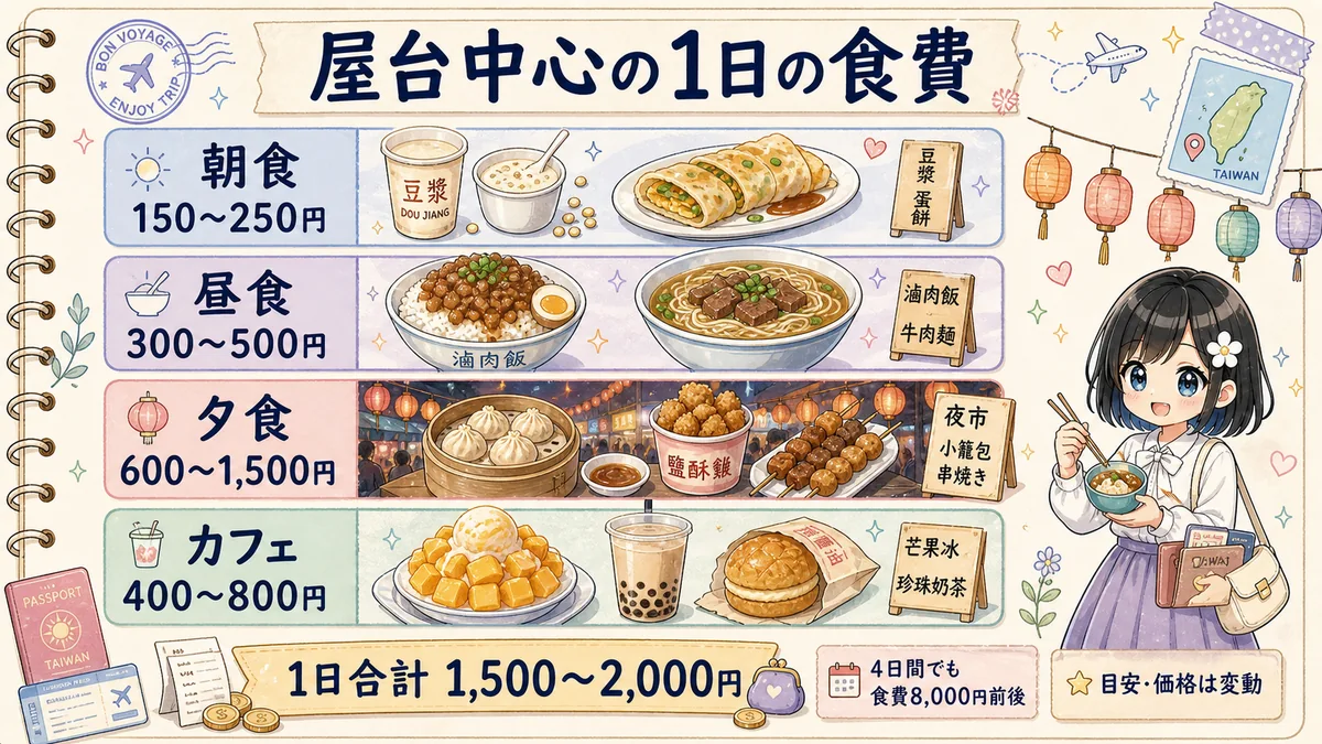 台湾旅行で屋台中心に過ごす1日の食費内訳図