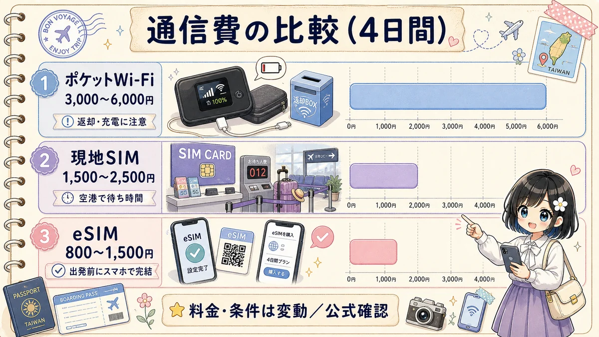 台湾旅行4日間のeSIM・現地SIM・ポケットWi-Fi通信費比較図