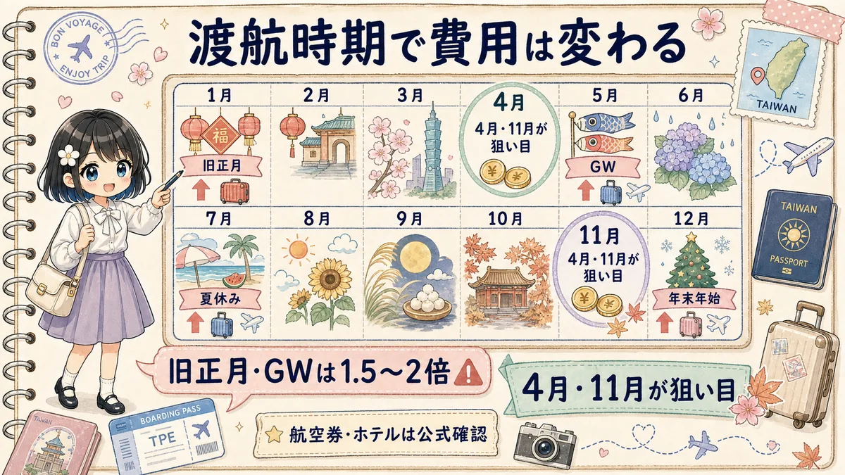 台湾旅行の旧正月・GWなどハイシーズン費用に注意するTofuMaruちゃんの図