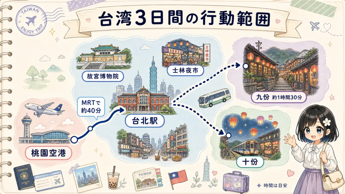 台湾3日間モデルコースの台北・九份・十份を示す行動範囲マップ