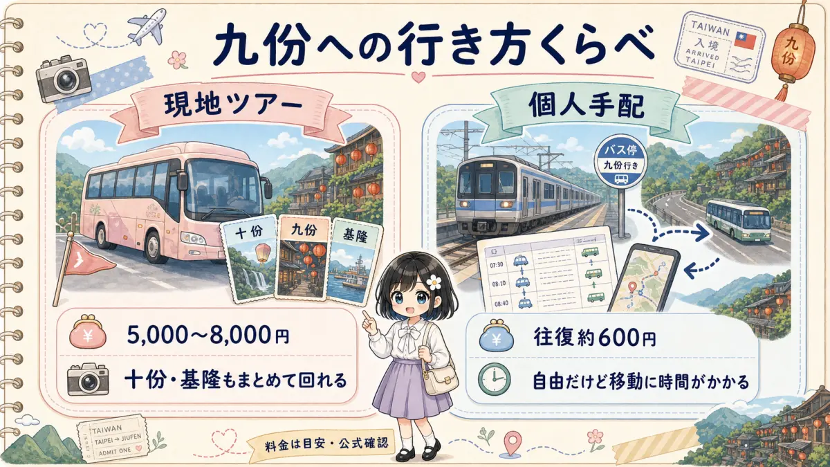 九份への現地ツアーと個人手配を比較する図解