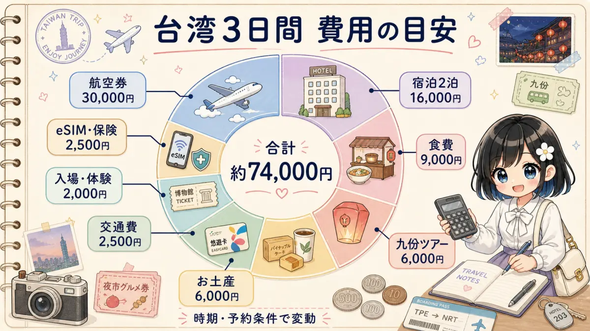台湾旅行3日間の費用目安を航空券・宿泊・食費などに分けた円グラフ
