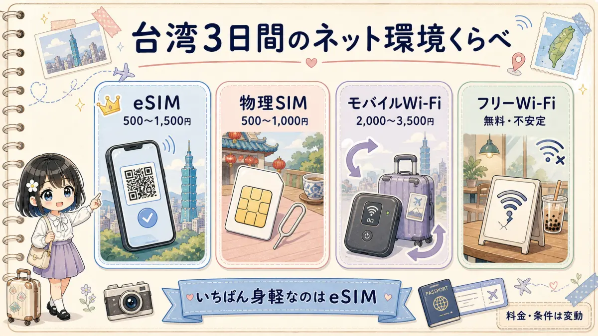 台湾3日間のネット環境をeSIM・物理SIM・モバイルWi-Fi・フリーWi-Fiで比較する図解