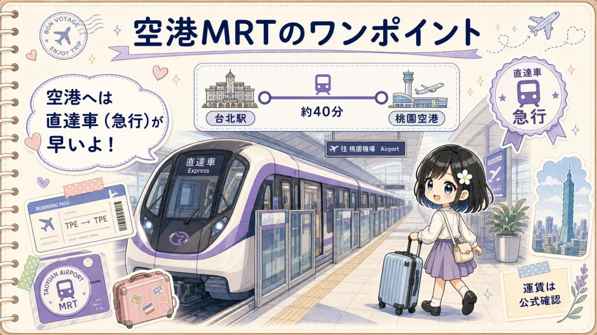 桃園空港へはMRT直達車が便利と案内するTofuMaruちゃんのイラスト